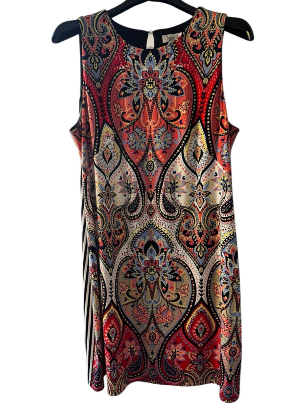 Maggy‎ L Office Dress Sz 16 Paisley Red Coral Navy Front Navy White Striped Back